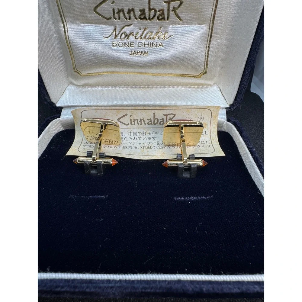 Cinnabar Noritake Cufflinks Red Cabochon‎ Gold Tone Mens Jewelry with Box